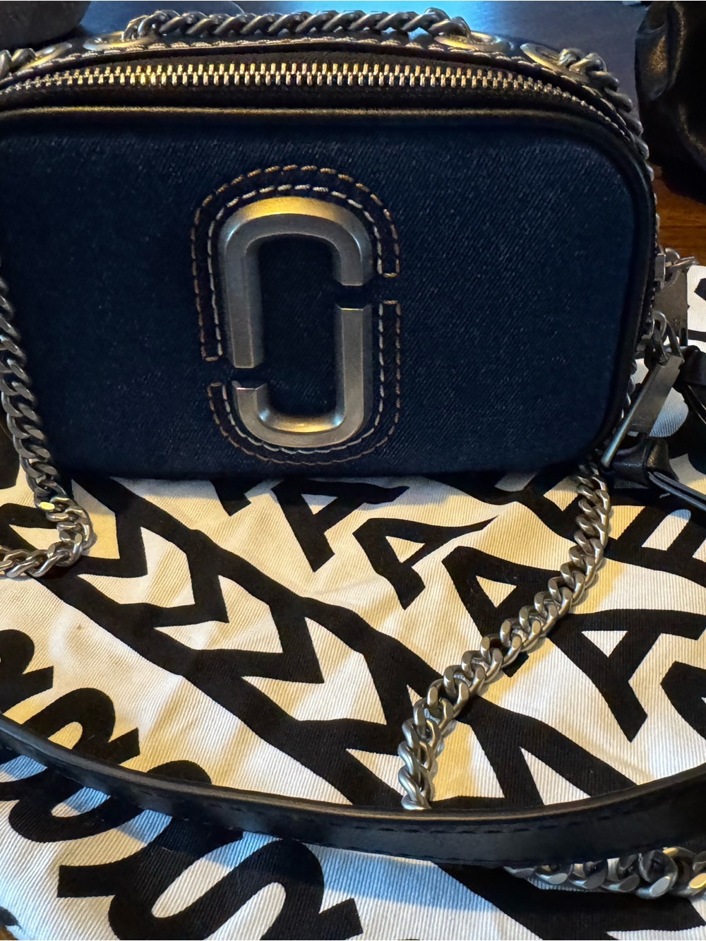 Marc Jacobs dark denim with black leather and silver hardware snapshot bag